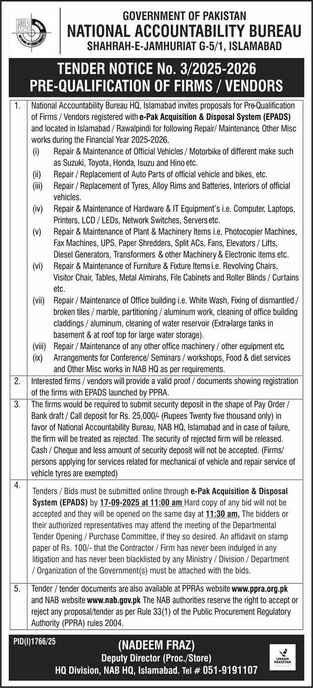 National Accountability Bureau Islamabad Tender Notice